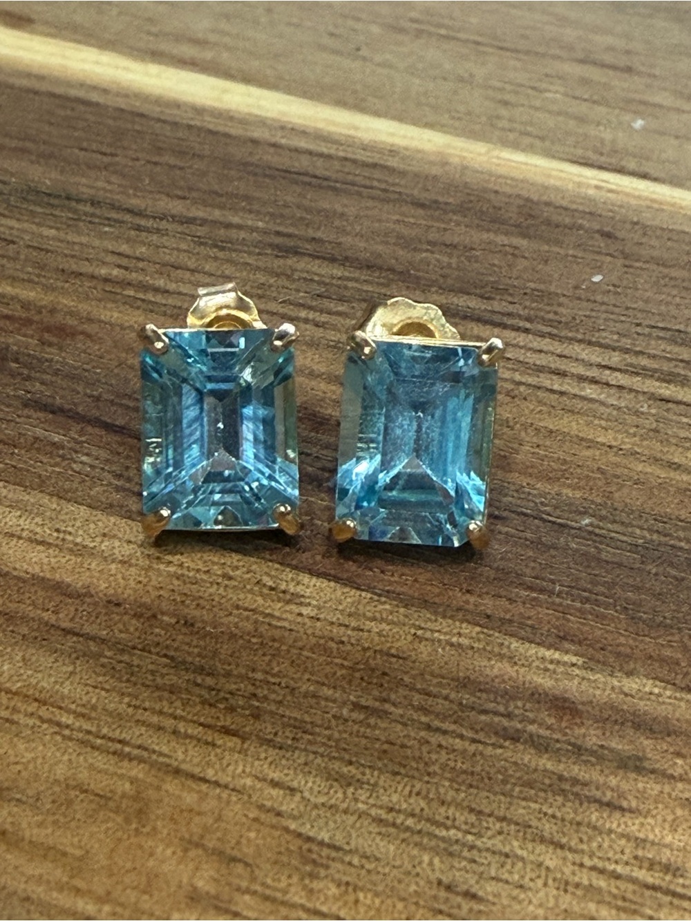Blue Topaz Emerald-Cut Stud Earrings - 10k Gold Setting